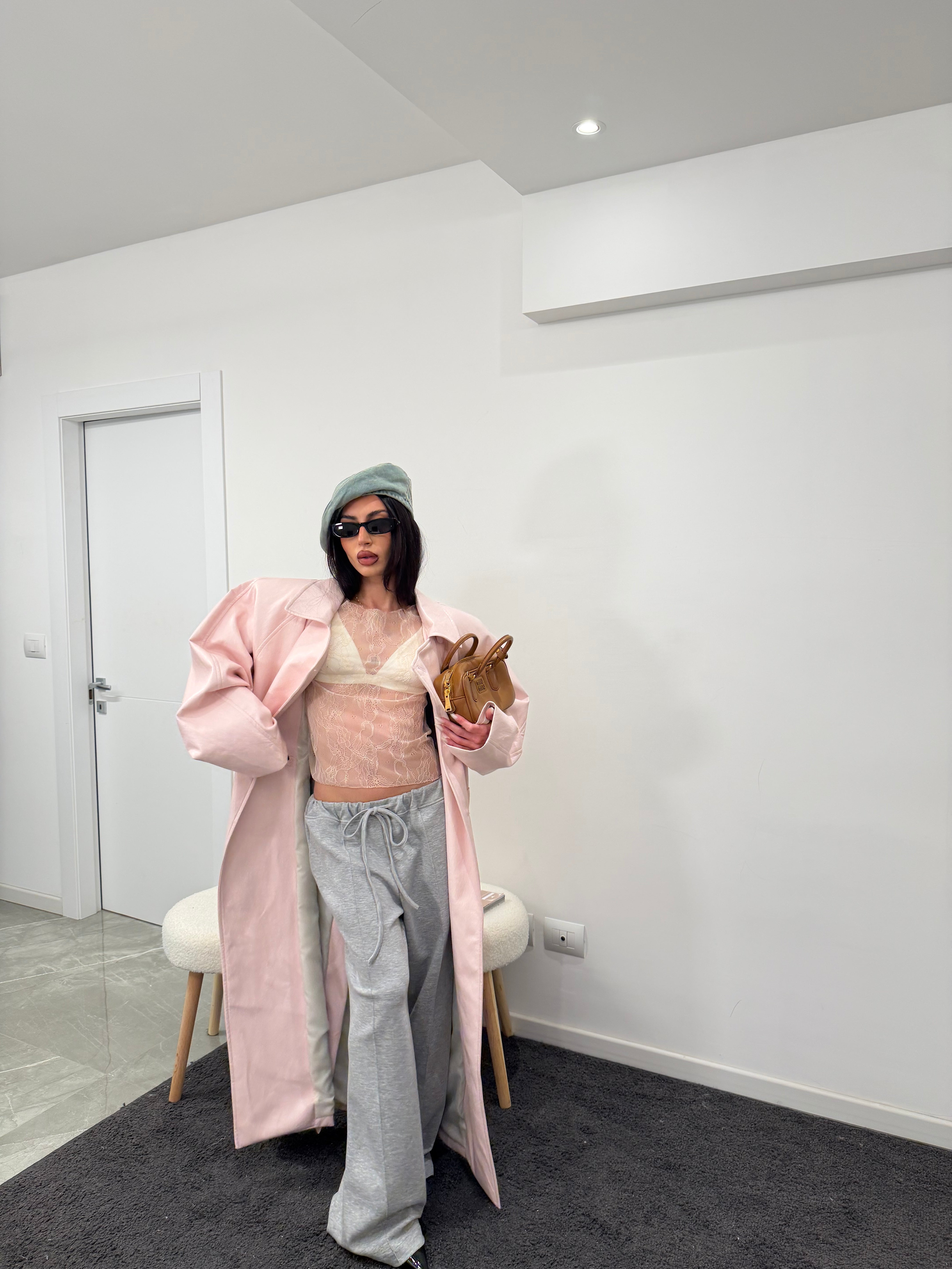 maxi coat leather pink