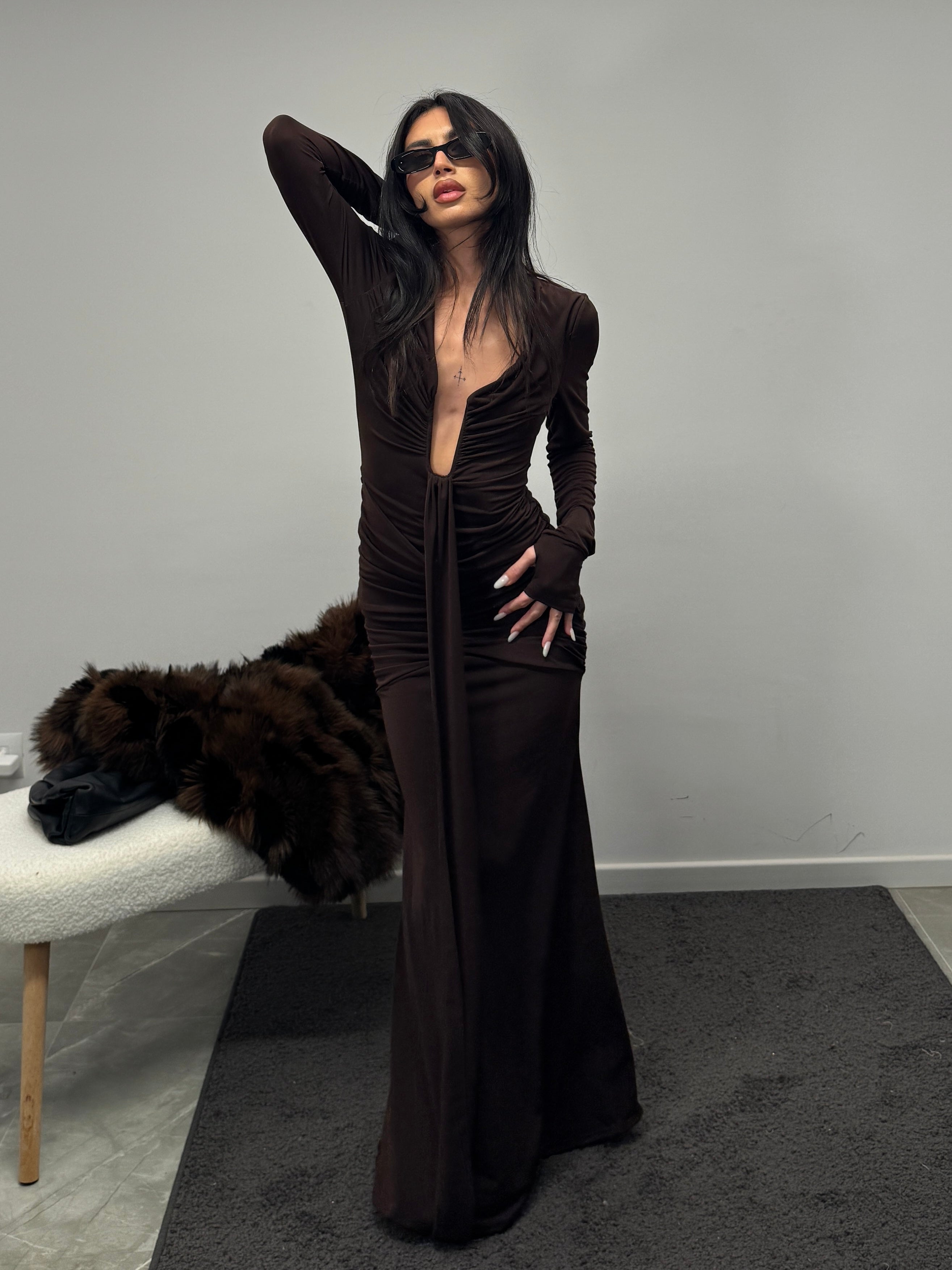 long tail dress brown