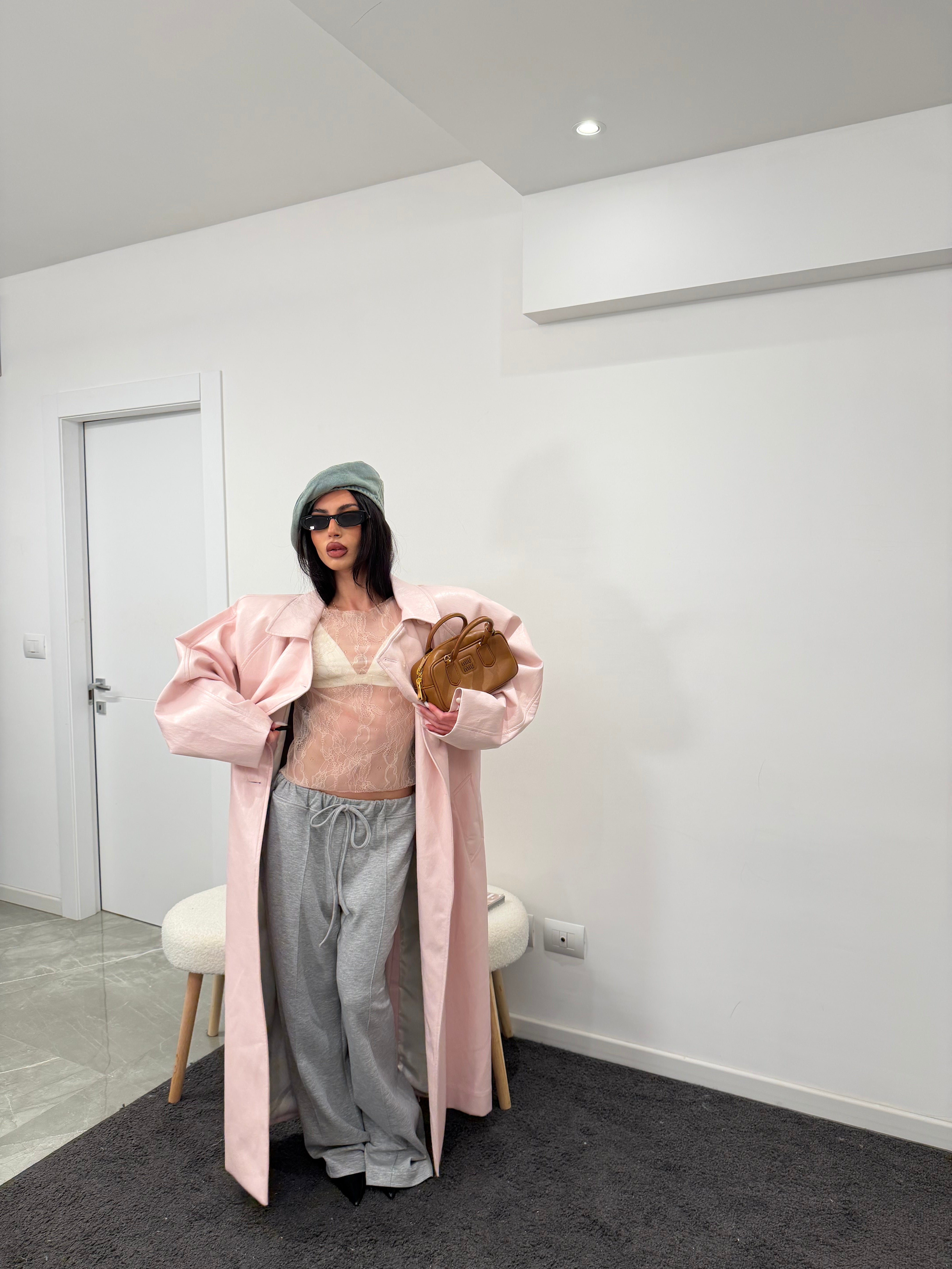 maxi coat leather pink