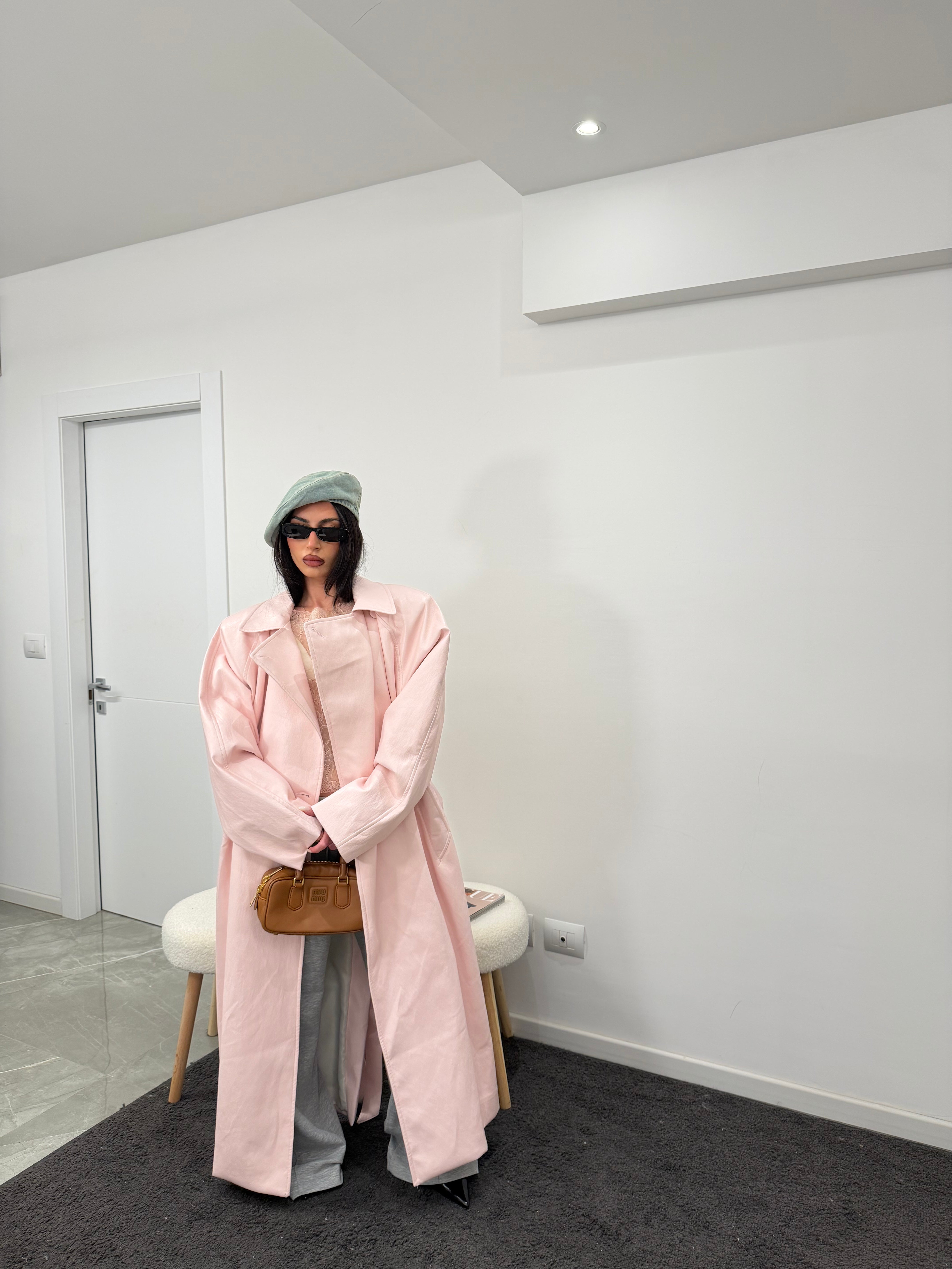 maxi coat leather pink