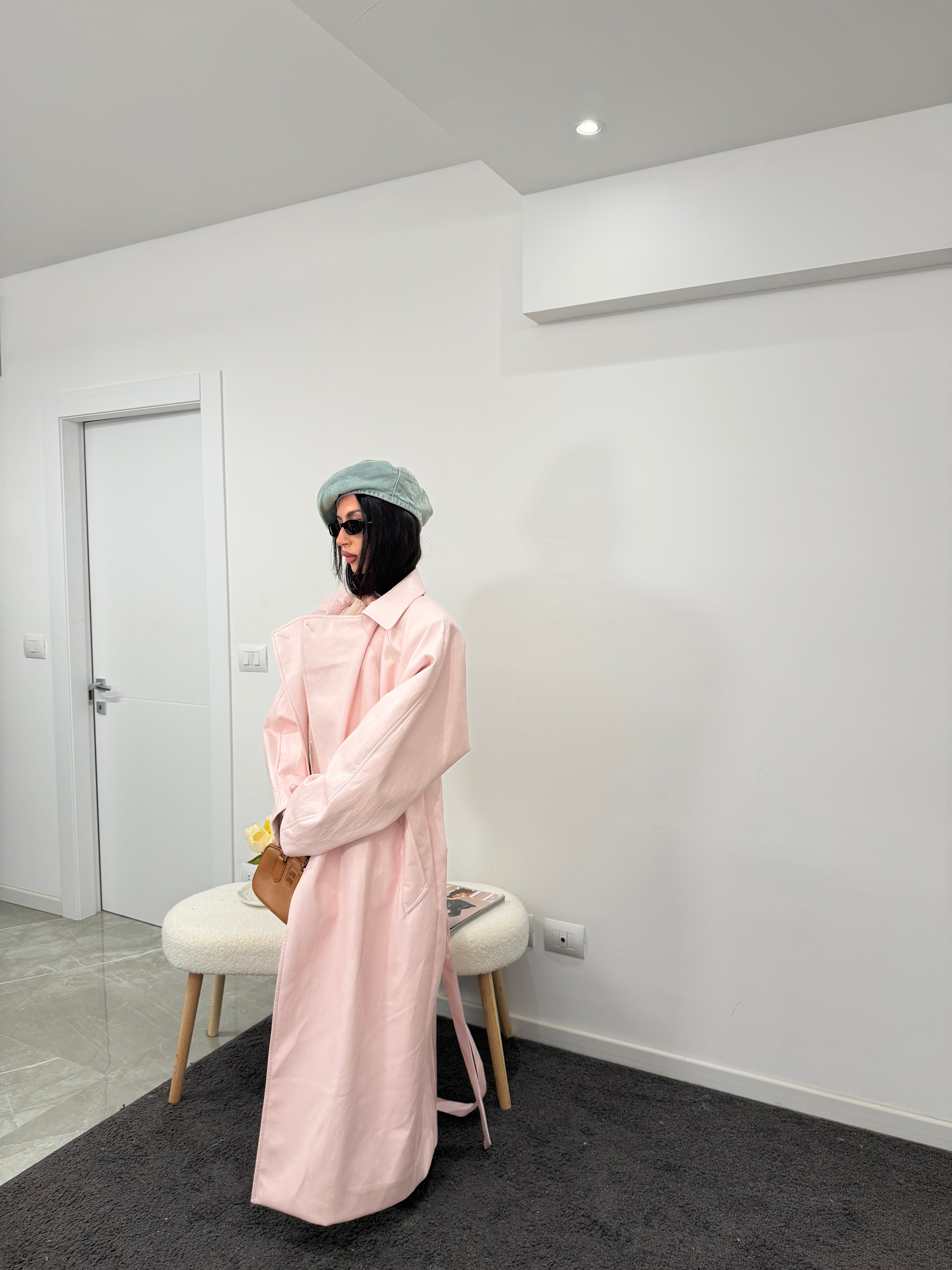 maxi coat leather pink
