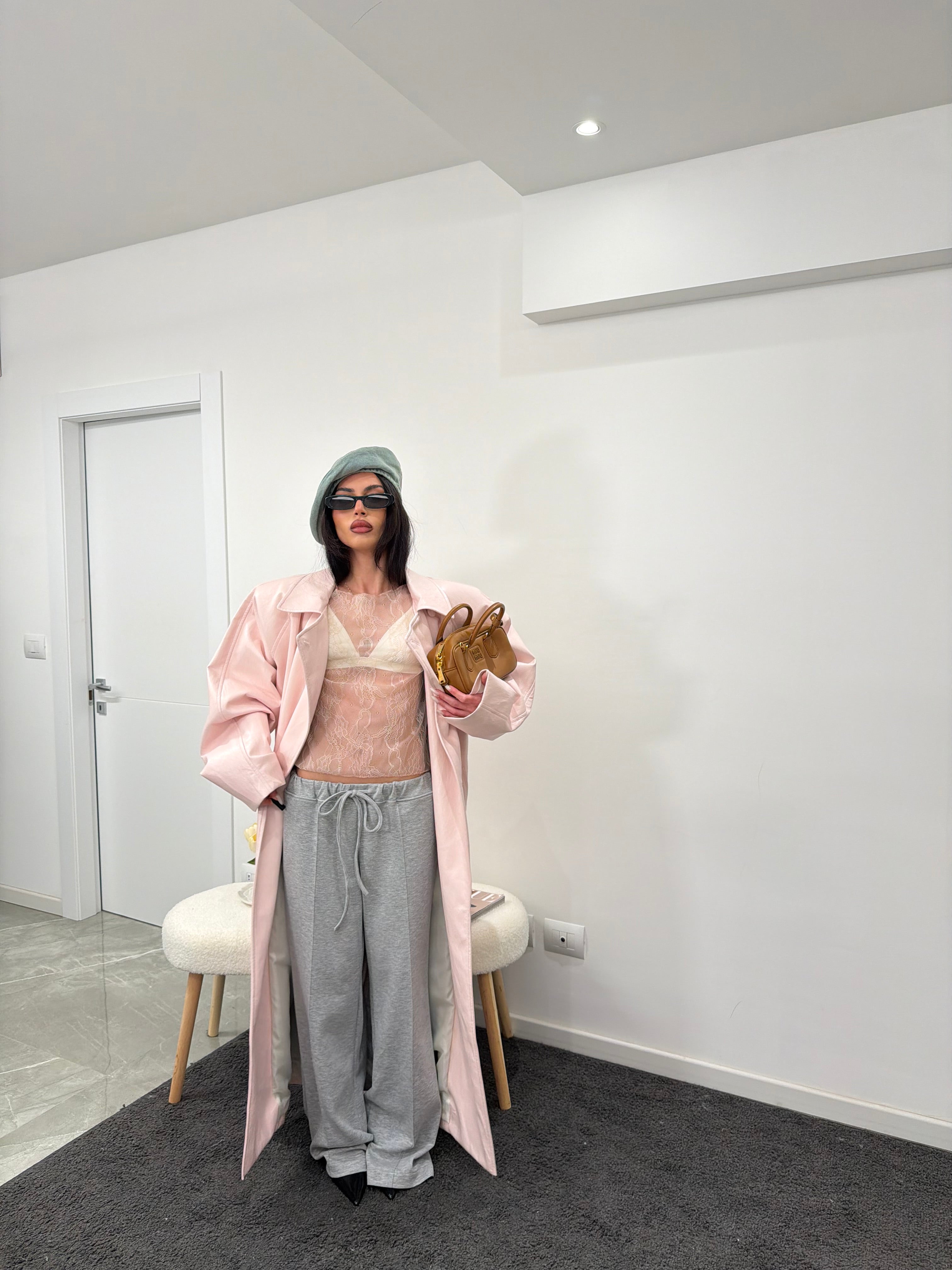 maxi coat leather pink